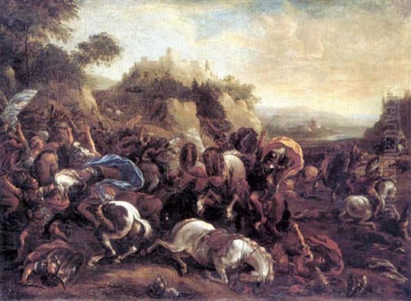 A Cavalry Engagement Beneath A Citadel Oil Painting by Francesco Monti