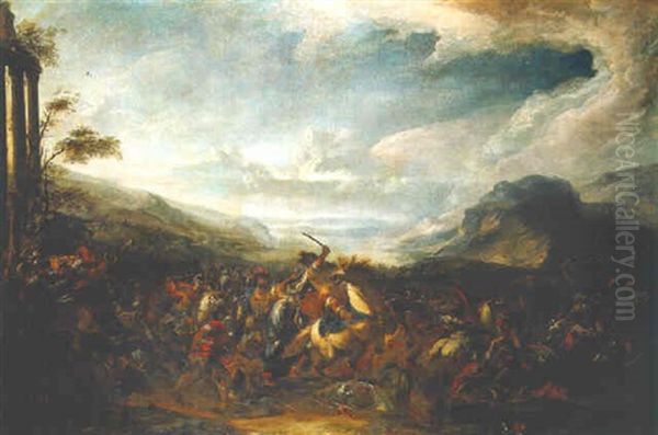 A Cavalry Battle By Classical Ruins In An Extensive Landscape Oil Painting by Francesco Monti