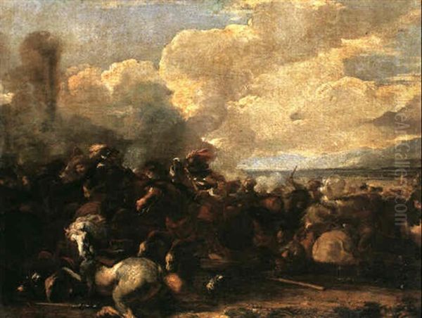 A Cavalry Engagement With Charging Soldiers Doing Battle Oil Painting by Francesco Monti