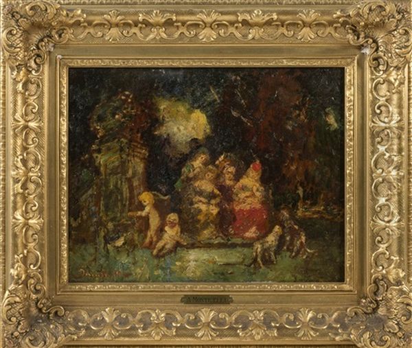 Classical Figures In A Garden Oil Painting by Adolphe Monticelli