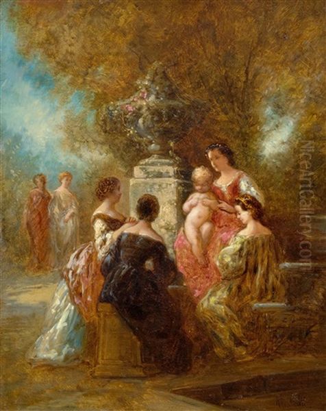 Ladies In Elegant Dress In A Park Oil Painting by Adolphe Monticelli