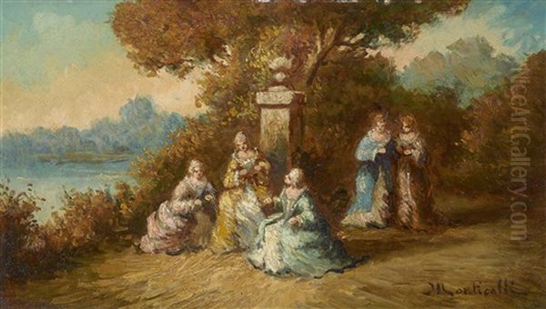 Rokokodamen Im Park Oil Painting by Adolphe Monticelli