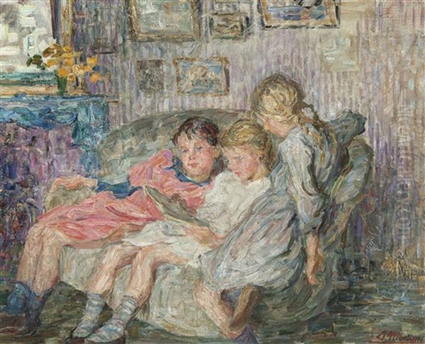 Reading Girls (three Sisters) Oil Painting by Jenny Montigny