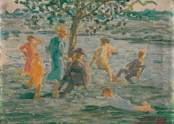 Personnages Au Bord D'une Riviere Oil Painting by Jenny Montigny