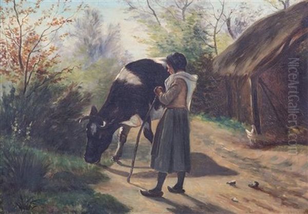 Untitled (young Girl And Cow) Oil Painting by Jules Montigny