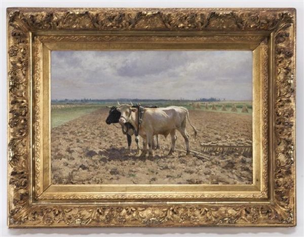 Untitled (two Bulls Ploughing The Field) Oil Painting by Jules Montigny