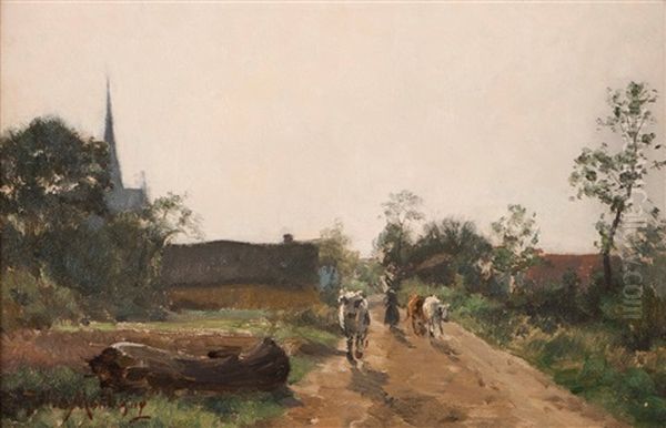 Landscape With Houses, Figure And Cow Oil Painting by Jules Montigny