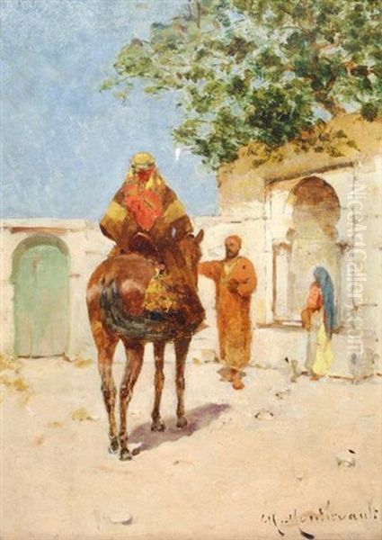 Cavalier Arabe Devant Une Fontaine Oil Painting by Charles Montlevault