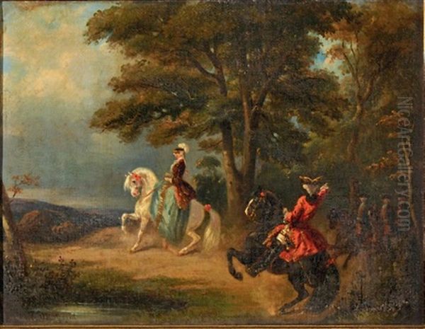 Cavaliers Et Cavaliere Dans Un Bois Oil Painting by Henri d'Ainecy Montpezat