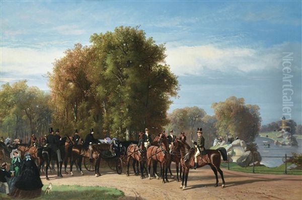 Promenade De L'empereur Napoleon Iii Et De L'imperatrice Au Bois De Boulogne Oil Painting by Henri d'Ainecy Montpezat