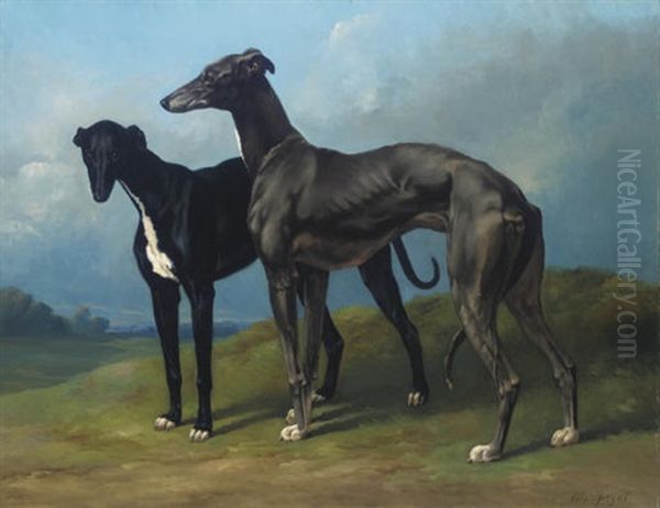 Greyhounds In A Landscape Oil Painting by Henri d'Ainecy Montpezat