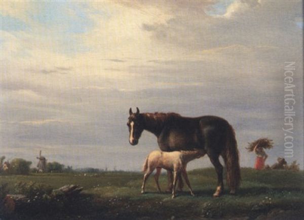 A Mare And Foal In A Landscape, A Windmill Beyond Oil Painting by Henri d'Ainecy Montpezat