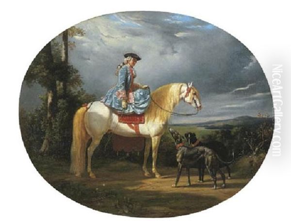 A Noblewoman On Horseback In The Countryside With Her Greyhounds Oil Painting by Henri d'Ainecy Montpezat