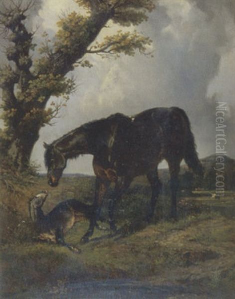 Stute Mit Fohlen Oil Painting by Henri d'Ainecy Montpezat