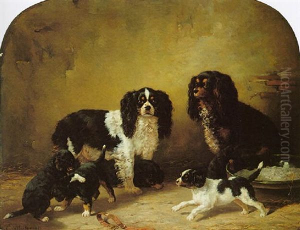 King Charles Spaniels Playing Oil Painting by Henri d'Ainecy Montpezat