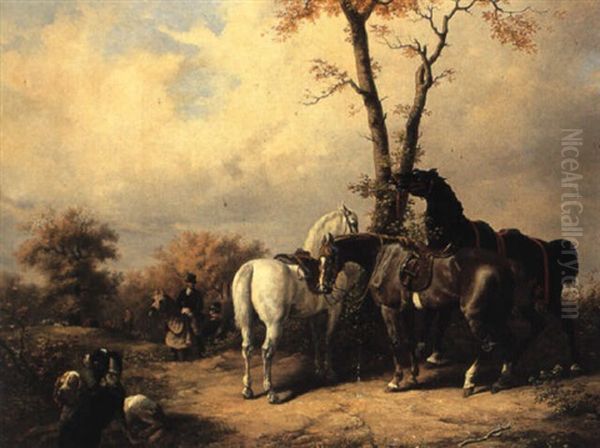 A Rest From Hunting Oil Painting by Henri d'Ainecy Montpezat