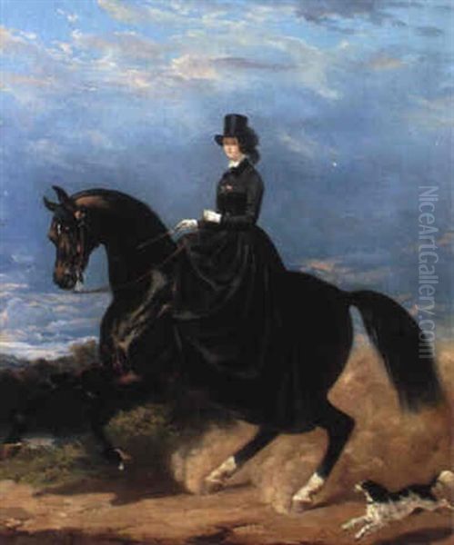 An Elegant Lady Riding A Horse Oil Painting by Henri d'Ainecy Montpezat