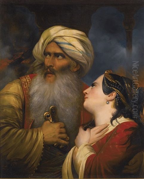 Ali Pasha (1740 - 1822) With His Favourite Mistress Kira Vassilki Oil Painting by Raymond Auguste Quinsac Monvoisin