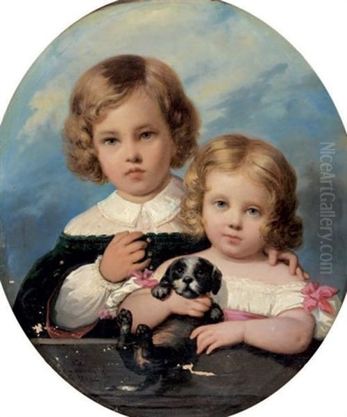 Portrait De Deux Enfants Jouant Avec Un Chien Oil Painting by Raymond Auguste Quinsac Monvoisin