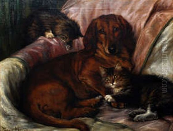 A Portrait Of A Dog And Two Cats Oil Painting by Fannie Moody