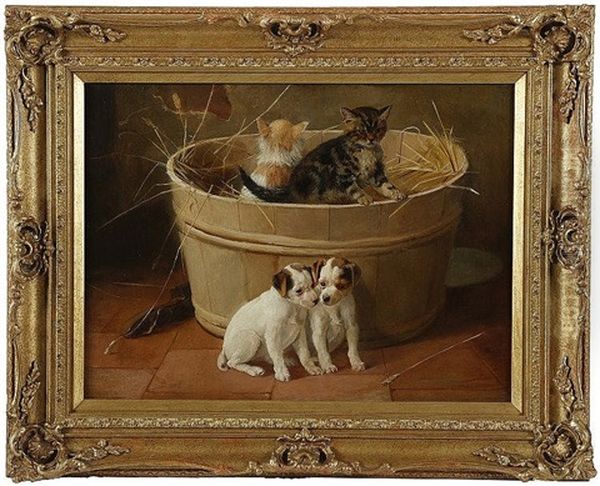 Young Friends, Kittens And Puppies At Play Oil Painting by Fannie Moody