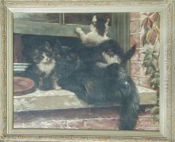 Cats Playing On Window Sill Oil Painting by Fannie Moody