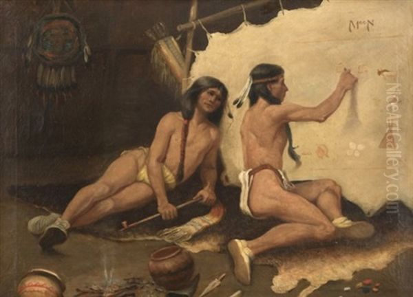 Two Seated Indians Painting A Hide Oil Painting by Carl Moon