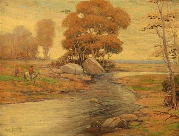 Indian On Horseback Crossing A Stream Oil Painting by Carl Moon