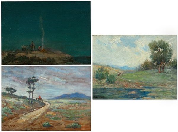 Three Works Depicting Indians In Landscapes: A Signal Fire, Apache Land And An Indian On Horseback by Carl Moon