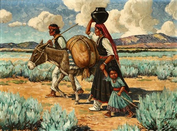 Early Morning, Santa Clara Indians, Indian Family With Burro Oil Painting by Carl Moon