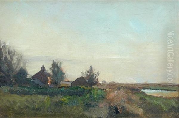 Cottages At Sunset; And Country Lane (2 Works) Oil Painting by Henry George Moon