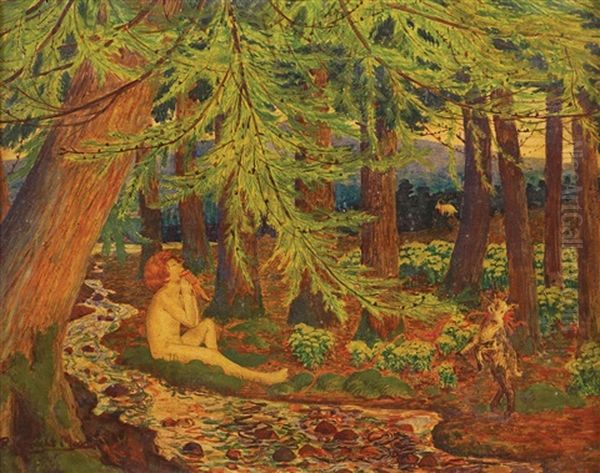 The Enchanted Wood-a Reclining Male Nude, The Shepherd Daphnis, With Goats In A Wooded Landscape Oil Painting by Robert James Enraght Moony