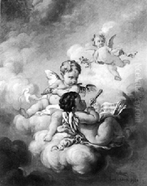 Musizierende Putti In Den Wolken Oil Painting by Alphons Moor