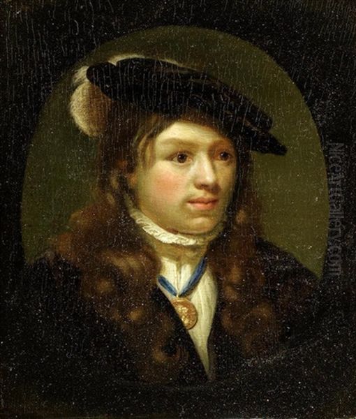 Portrait Of A Boy, Bust-length, In A Feathered Cap, Within A Painted Oval Oil Painting by Carel de Moor