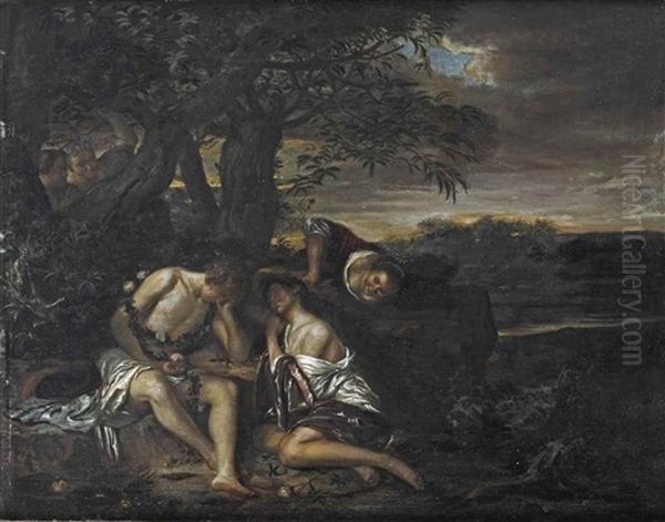 A Sleeping Couple, Discovered By Three Women In An Arcadian Landscape Oil Painting by Carel de Moor