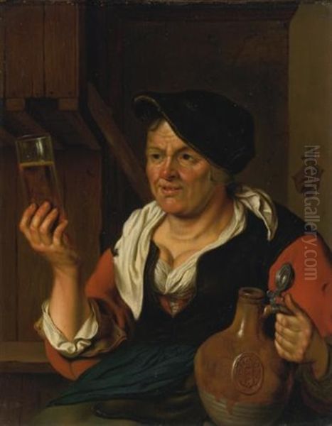 Peasant Woman In An Interior Holding A Glass Of Beer And Jug Oil Painting by Carel de Moor