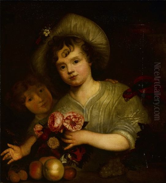 Children With Flowers, Fruit And A Parrot Oil Painting by Carel de Moor