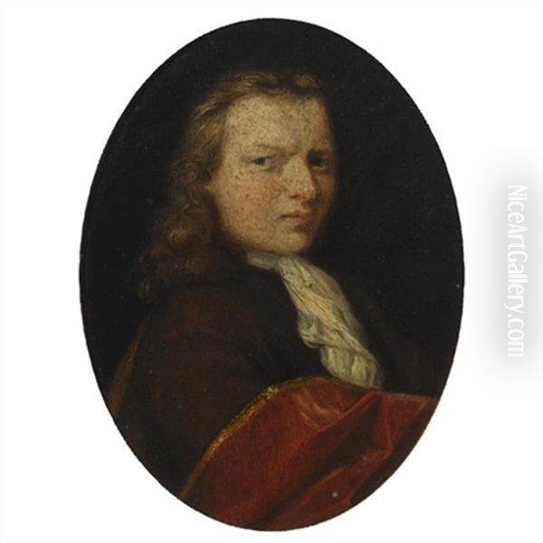 A Portrait Of A Gentleman, Bust Length, Wearing A Brown Coat With A Red Cloak Oil Painting by Carel de Moor