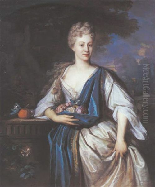 Portrait De Jeune Femme Au Drape Bleu Tenant Des Fleurs Oil Painting by Carel de Moor