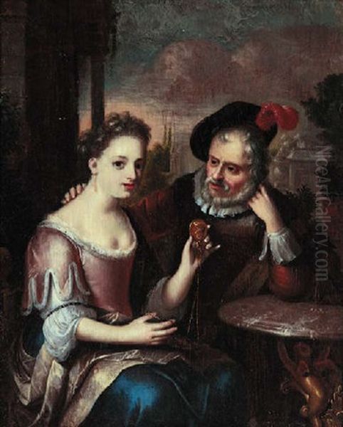 An Elderly Man With A Young Lady Holding A Pendant Oil Painting by Carel de Moor