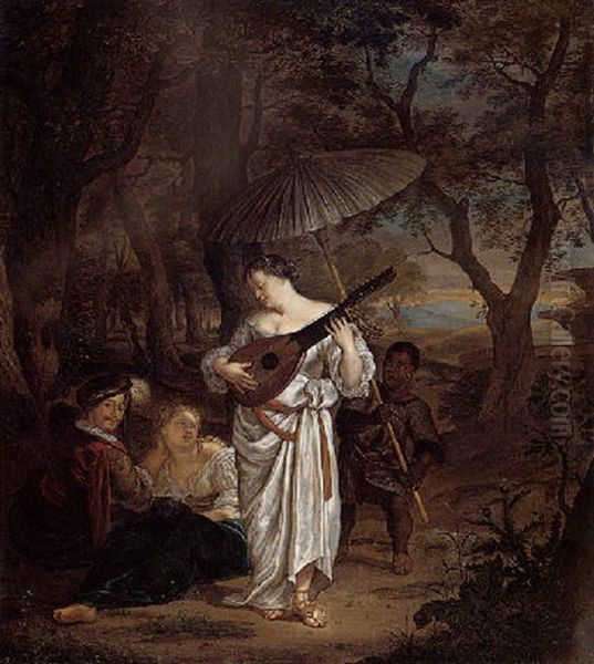 A Young Lady Playing The Theorbo-lute With A Negro Page And A Pair Of Lovers At The Edge Of A Wood Oil Painting by Carel de Moor