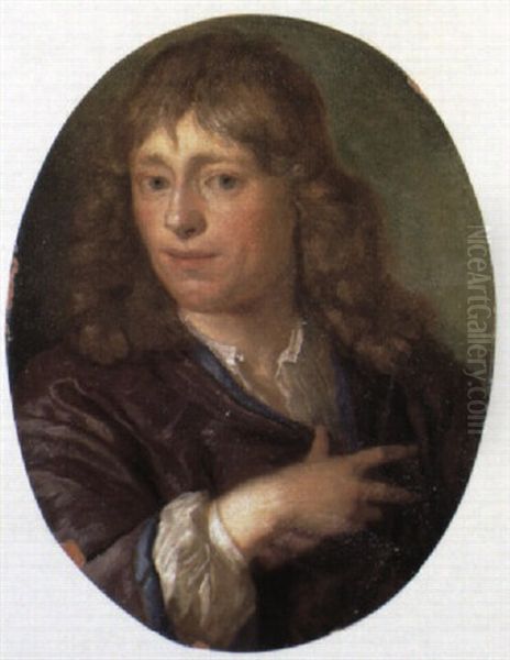 Portrait Of A Gentleman Wearing A Purple Satin Robe Trimmed With Blue Oil Painting by Carel de Moor