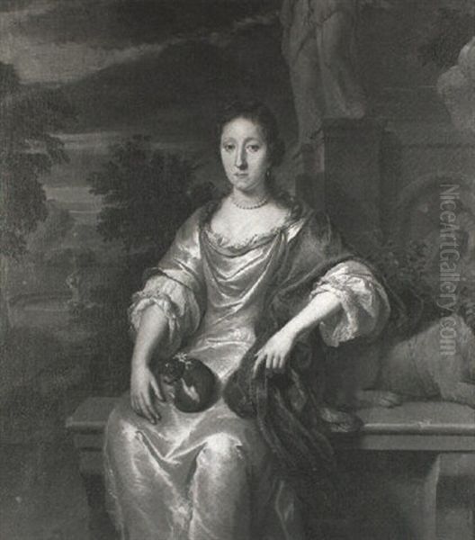 Portrait Of A Lady, Three-quarter Length, Wearing A White   Satin Gown, Seated With A Lapdog, In A Formal Garden Oil Painting by Carel de Moor