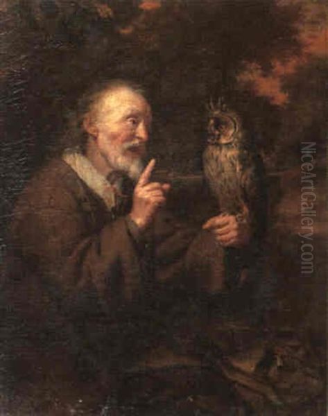 Old Man With Owl Perched On His Left Hand Oil Painting by Carel de Moor