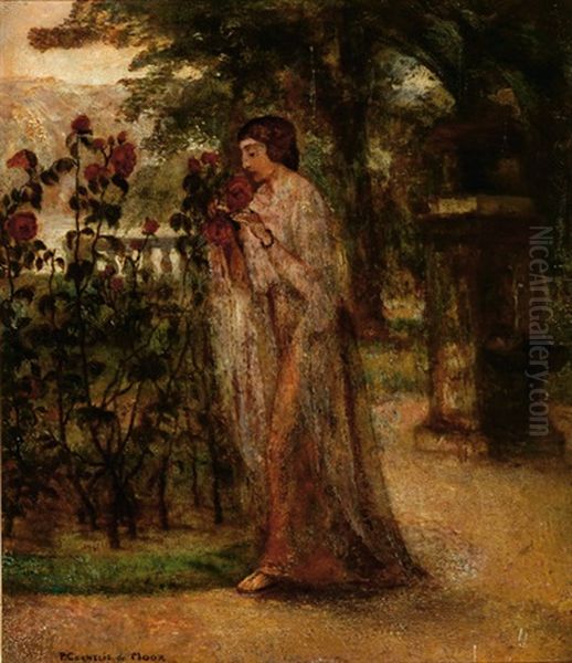 Woman In A Rose Garden Oil Painting by Pieter Cornelis De Moor