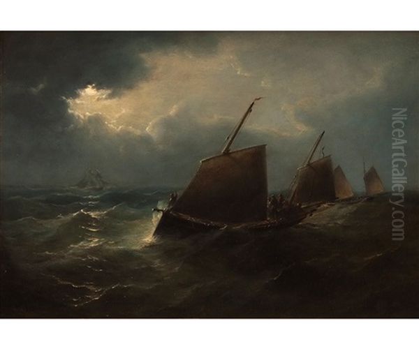 Fishing Boats In Moonlit Sea Oil Painting by John Moore Of Ipswich