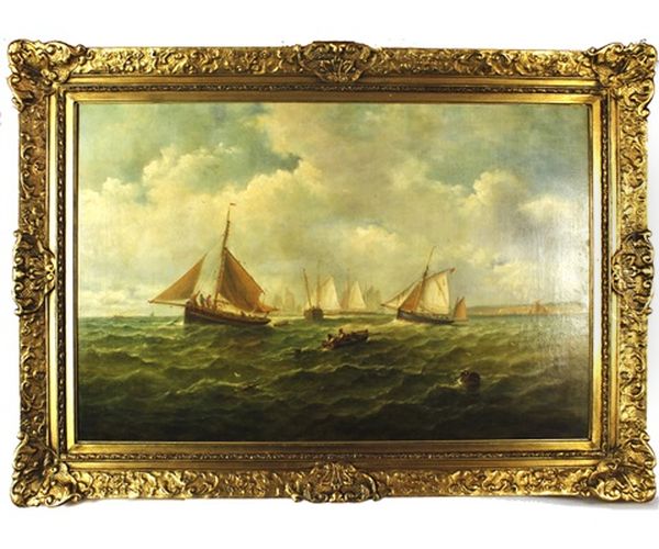 Shipping Off A Coast, Possibly Felixstowe Oil Painting by John Moore Of Ipswich