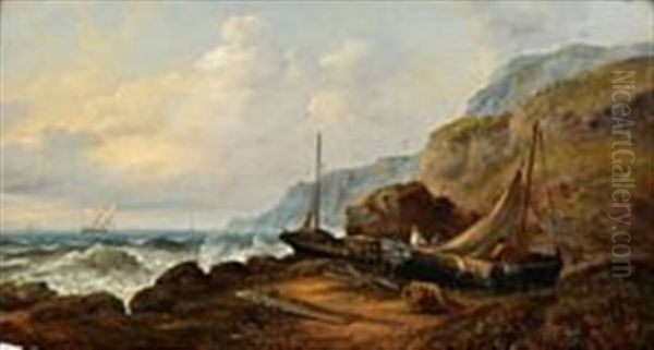 English Coastal Scenery With Fishermen Preparing Their Boats Oil Painting by John Moore Of Ipswich