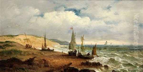 Fishing Boats Along The Coast Oil Painting by John Moore Of Ipswich