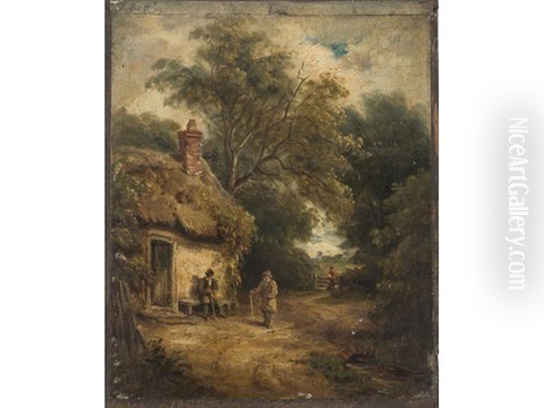 Figures Conversing Beside A Cottage; Woman Crossing A Stream; A Pair Oil Painting by John Moore Of Ipswich